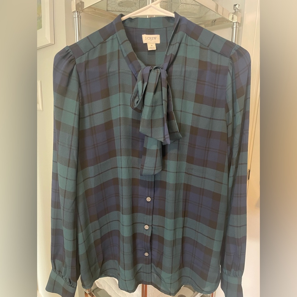 J. Crew Blue and Black Plaid Blouse with Bow